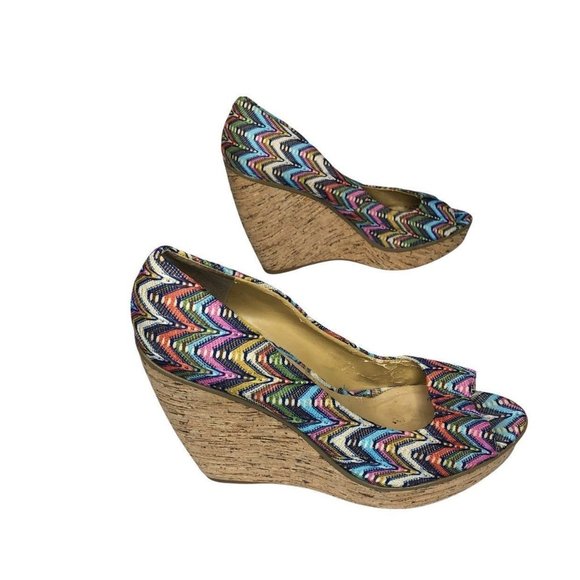 Nine West Wild Thing Sandals Womens Rainbow Cork Wedge Heel Peep Toe Size 9.5 - Picture 2 of 11